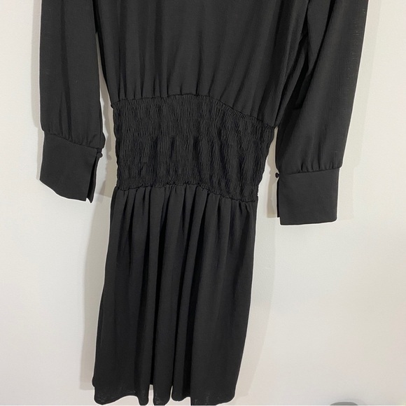 Zara Small Black Smocked Waist Long Sleeve Collared Midi Dress - Picture 4 of 11